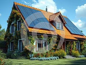 House with solar panels on the roof. Photovoltaic system on the roof