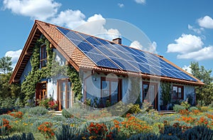 House with solar panels on the roof. Photovoltaic system on the roof photo