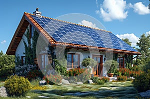 House with solar panels on the roof. Photovoltaic system on the roof, solar panel