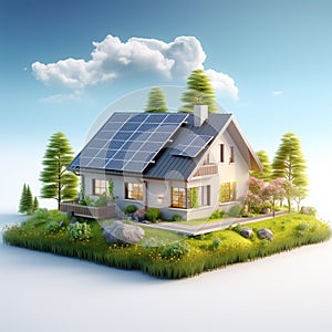 House with solar panels and trees on the lawn Ai generative photo