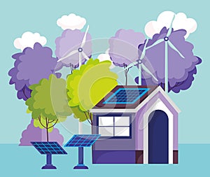 House solar panels turbine wind trees nature energy eco