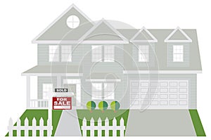 House Sold with For Sale Sign Color vector Illustration