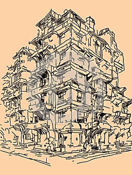 3D Sketch of a Multi-story Building in Oriental Style