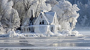 A house stands precariously on the edge of a frozen lake its roof and windows encased in a thick layer of ice. Mother