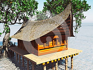 House on stilts in the mangrove forest. Beach architecture 3d rendering