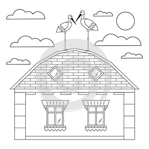 House with storks on the roof with sky, black line drawing, doodle