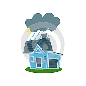 House struck by lightning, property insurance vector Illustration