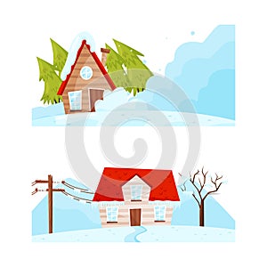 House Suffering from Destructive Weather Condition and Natural Cataclysm with Blizzard and Snowslide Vector Set