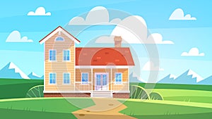 House in summer landscape. Cottage in countryside trees, meadows and green hills. Front view building with terrace