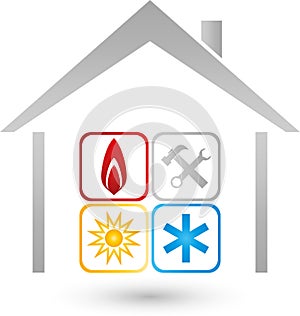House and sun, snow, fire sign, installer and climate logo