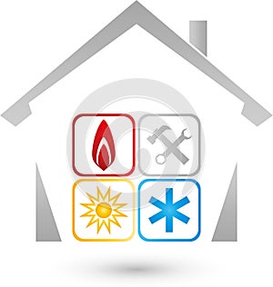 House and sun, snow, flame, Air conditioning and installer logo