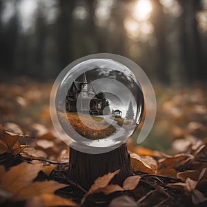 house surrounded by autumn forest in glass ball