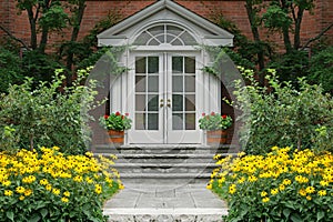 house surrounded by bright yellow daisies