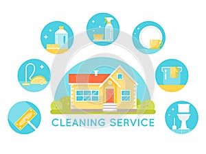 House Surrounded by Cleaning Services Images. Household Cleaning Agents and Tools Round Icons.