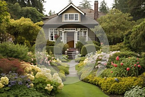 house surrounded by manicured lawn and flowers, with view of the garden visible from the front door