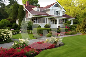 house surrounded by manicured lawn and flowers, with view of the garden visible from the front door