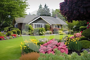 house surrounded by manicured lawn and flowers, with view of the garden visible from the front door