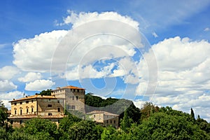 House surrounded by trees in Val d`Orcia, Tuscany, Italy.