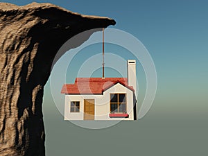 House suspended from a rope on a precipice
