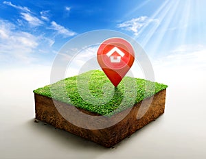 House symbol with location pin icon on cubical soil land geology cross section with green grass, ground ecology isolated on blue