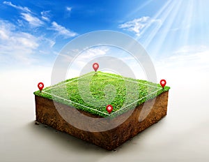 House symbol with location pin icon on cubical soil land geology cross section with green grass, ground ecology isolated on blue