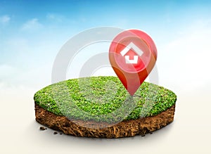 House symbol with location pin icon on cubical soil land geology cross section with green grass, ground ecology isolated on blue