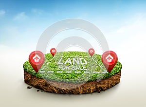 House symbol with location pin icon on cubical soil land geology cross section with green grass, ground ecology isolated on blue