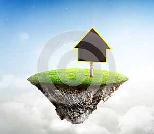 House symbol with location pin icon on cubicle soil and geology cross section with green grass. fantasy floating island natural