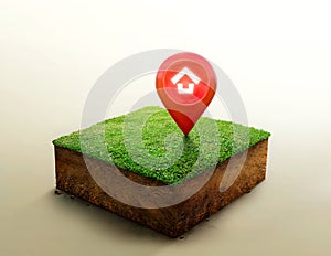 House symbol with location pin icon on cubicle soil and geology cross section with green grass, ground ecology isolated on light