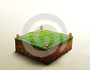 House symbol with location pin icon on cubicle soil and geology cross section with green grass, ground ecology isolated on light