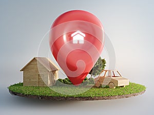 House symbol with location pin icon on earth and green grass in real estate sale or property investment concept.