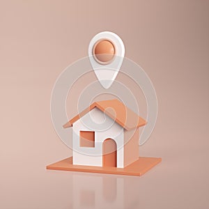 House Symbol With Location Pin Icon Isolated Over Beige Pastel Background.