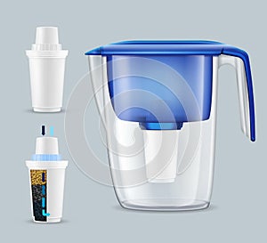 House tap water filter pitcher with 2 removing toxins and contaminants replacement units realistic set vector illustration