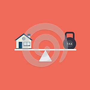 House and tax balance on the scale. Finance planning. Flat house and kettlebell with tax word on scales