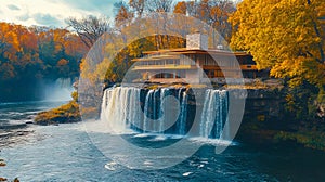 A house on top of a cliff next to a waterfall