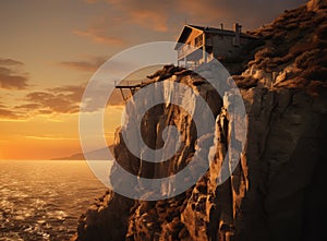 House on top of the mountain. Lonely house over a cliff in the rays of the setting sun. Cottage on a high hill near