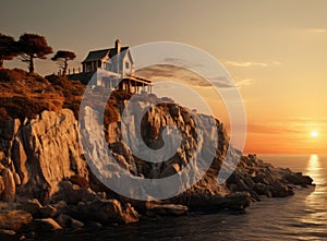 House on top of the mountain. Lonely house over a cliff in the rays of the setting sun. Cottage on a high hill near