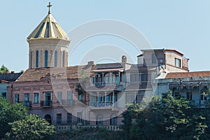 House with traditional wooden carving balcony of Old Town of Tbilisi, Georgia