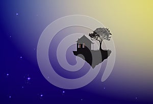 House and tree on flying rock, where the god lives, home in space,
