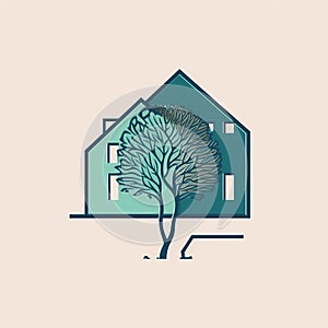 a house with a tree, logo, balance and harmony with nature
