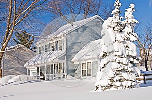 House and tree after snowstorm