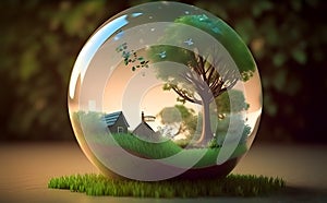 House and trees in the glass globe. Concept of world environment day, nature day or earth day