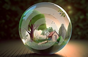 House and trees in the glass globe. Concept of world environment day, nature day or earth day