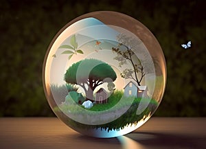 House and trees in the glass globe. Concept of world environment day, nature day or earth day