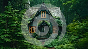 A house is tucked away in the tranquil beauty of a dense forest, A fairy-tale cottage nestled in a mint forest