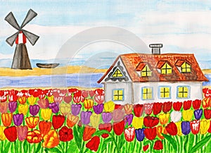 House with tulips (House in Holland), painting