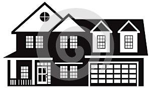 House with Two Car Garage Black White vector Illustration