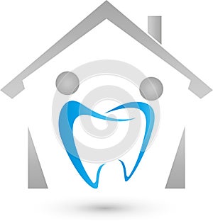 House and two persons as tooth, dentist and family dentist logo