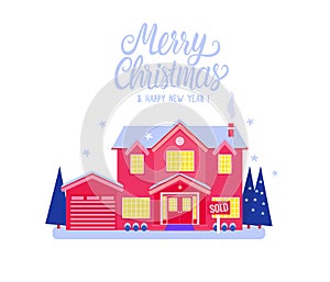 House two story cottage red color for sale. Sold sign. Flat Vector illustration isolated on white background. Winter