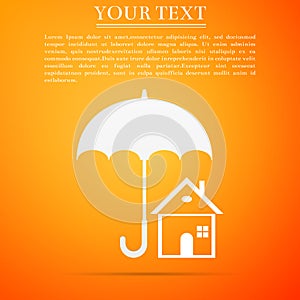 House with umbrella icon isolated on orange background. Real estate insurance symbol. Real estate symbol